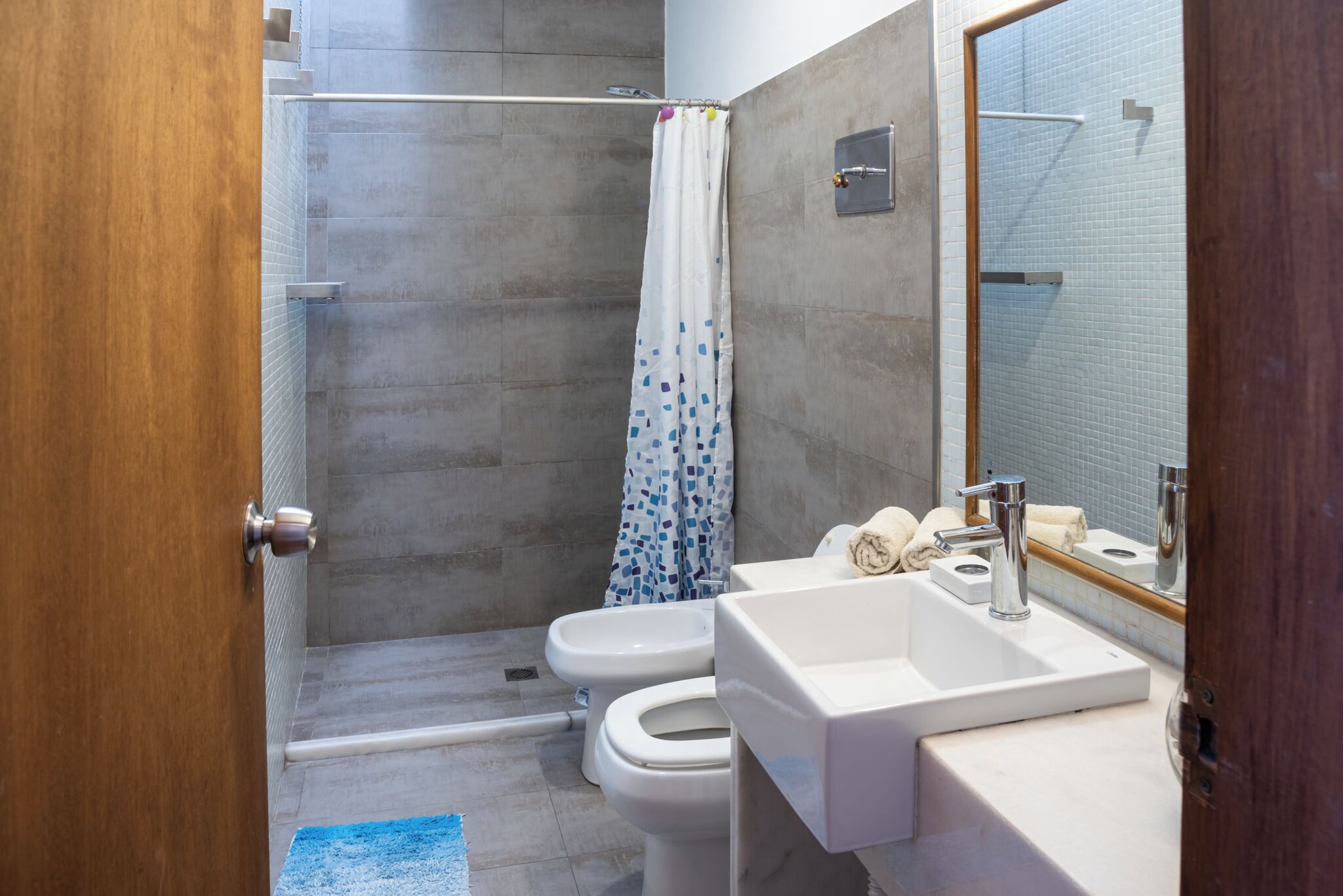 Hair dryer, bidet, towels, toilet paper