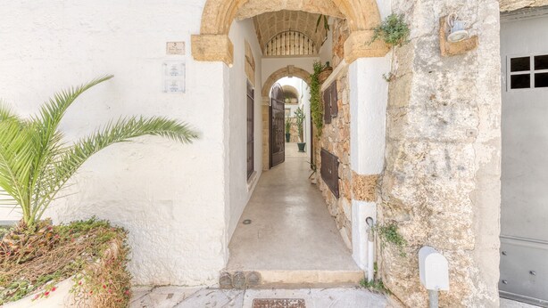 A narrow alleyway with stone walls, a palm tree, and a mailbox. - Room 'Casa Sant'Anna 2' with Air Conditioning (Presicce)