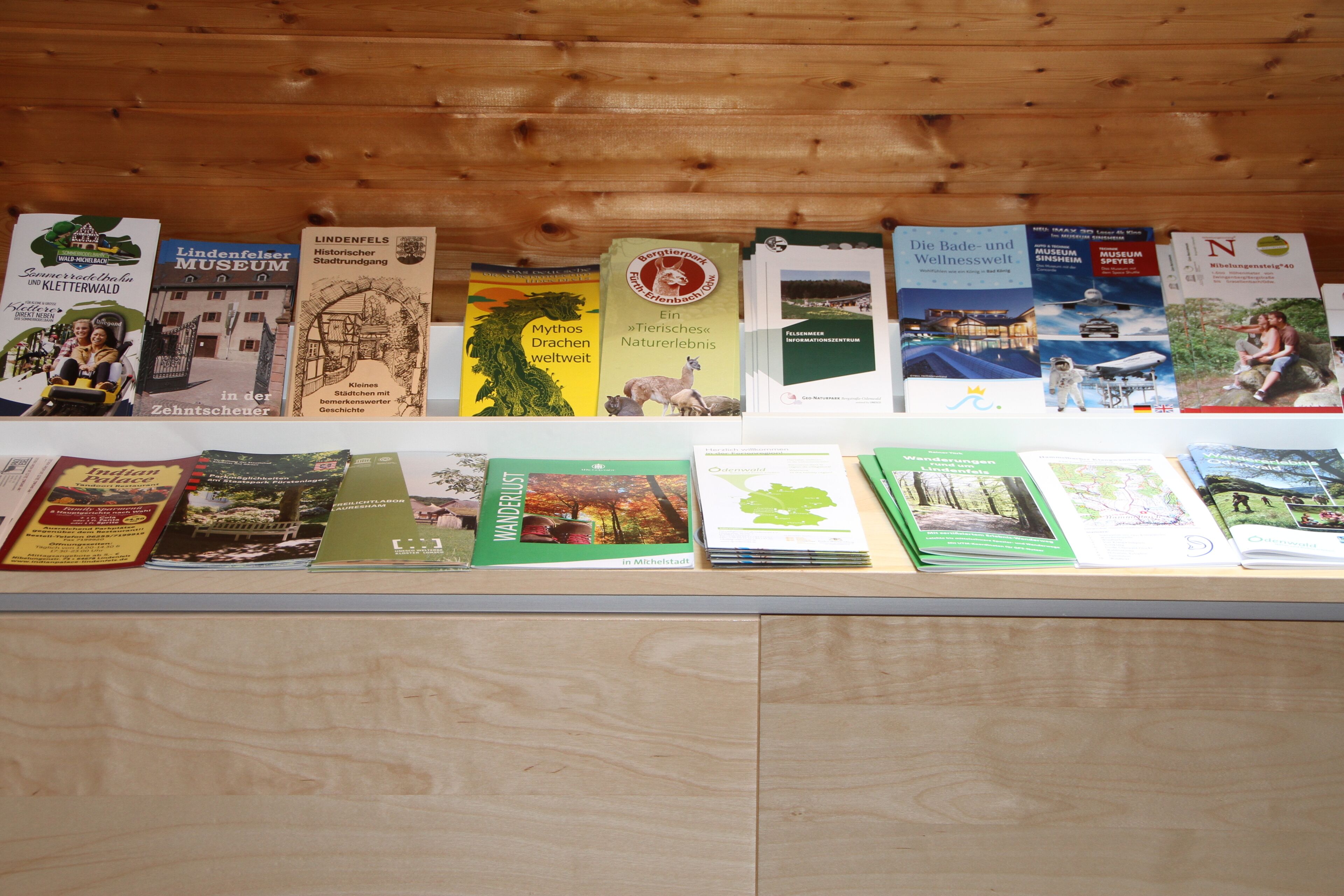 A display of books on a wooden shelf.