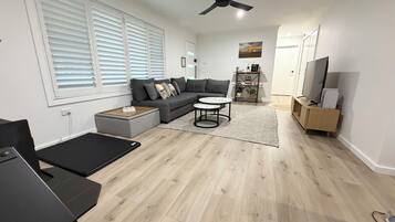 Smart TV, fireplace, video games, DVD player