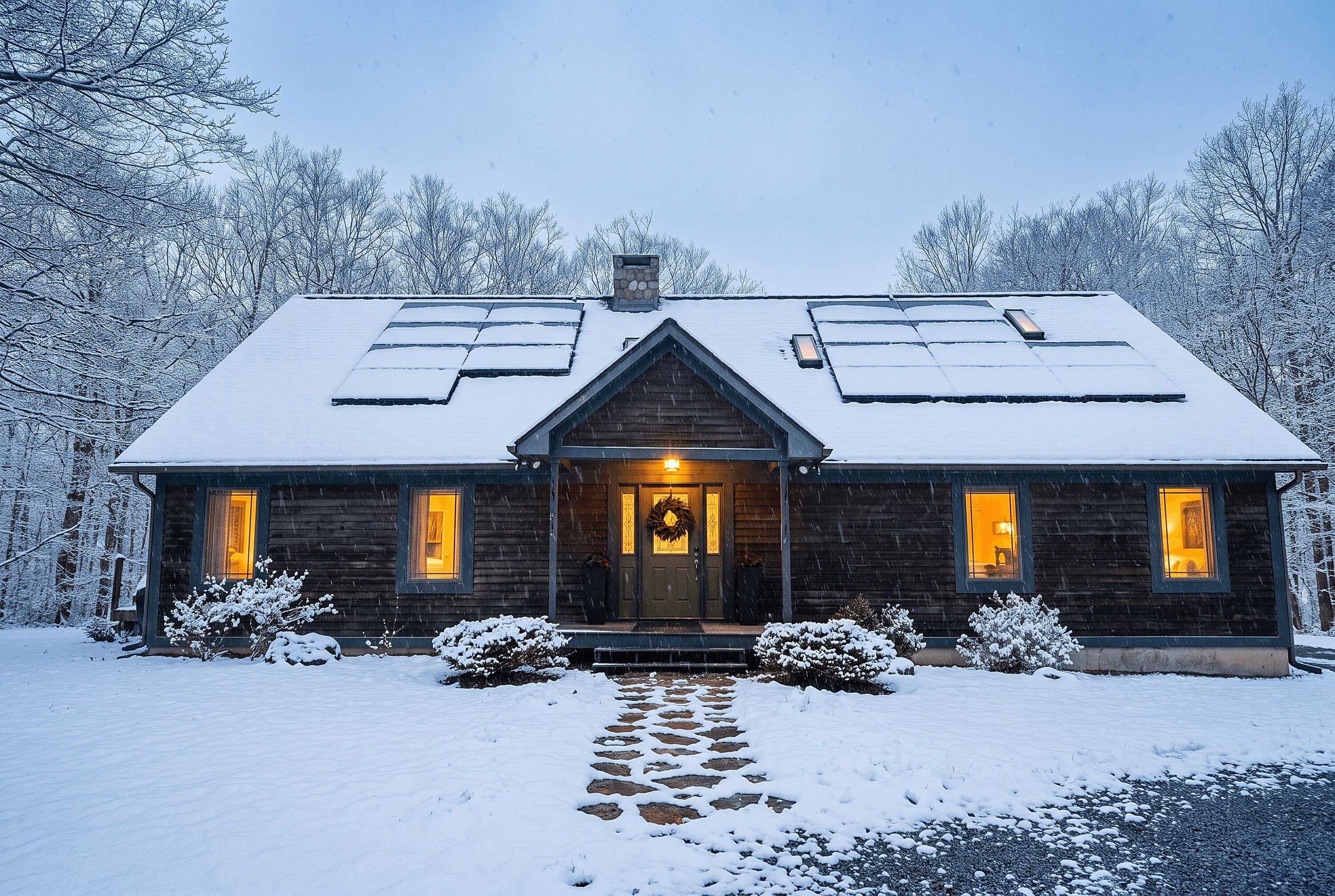 Une cabane en bois avec un toit enneigé, un porche à l’avant et un chemin menant à l’entrée.