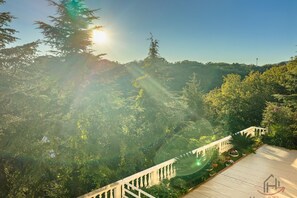 A view of a forested hillside with a wooden deck and railing.