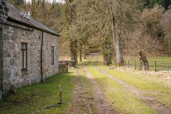 A stone building with a dirt path leading through a wooded area.