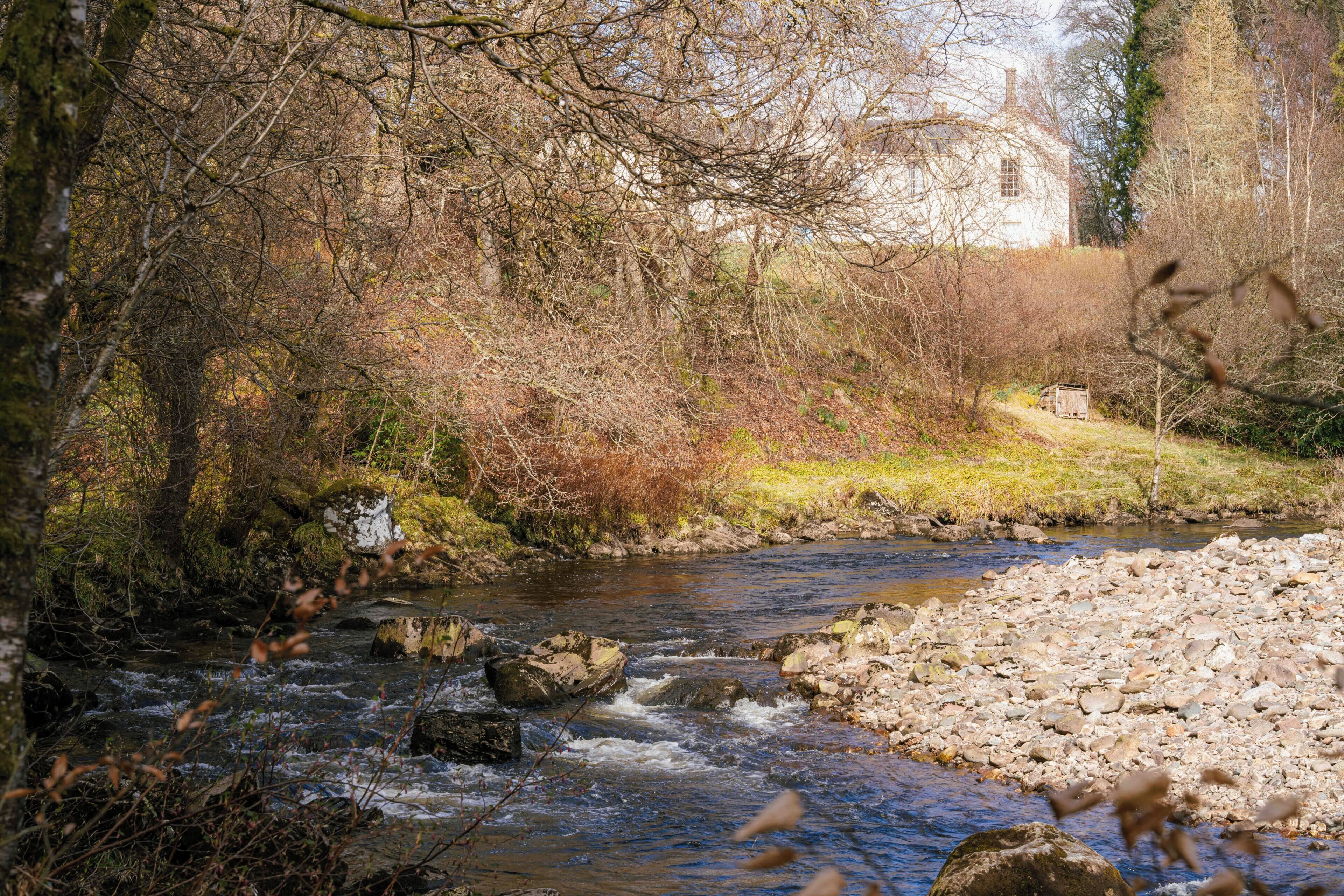 A river flowing through a wooded area with a building in the background.