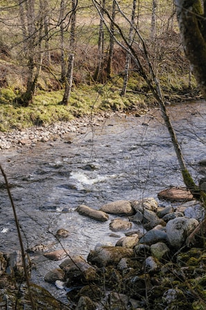 A natural landscape with a flowing river, rocks, and trees.