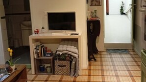 Una sala de estar con televisión, una estantería, un tapete estampado y una puerta que da a un pasillo.
