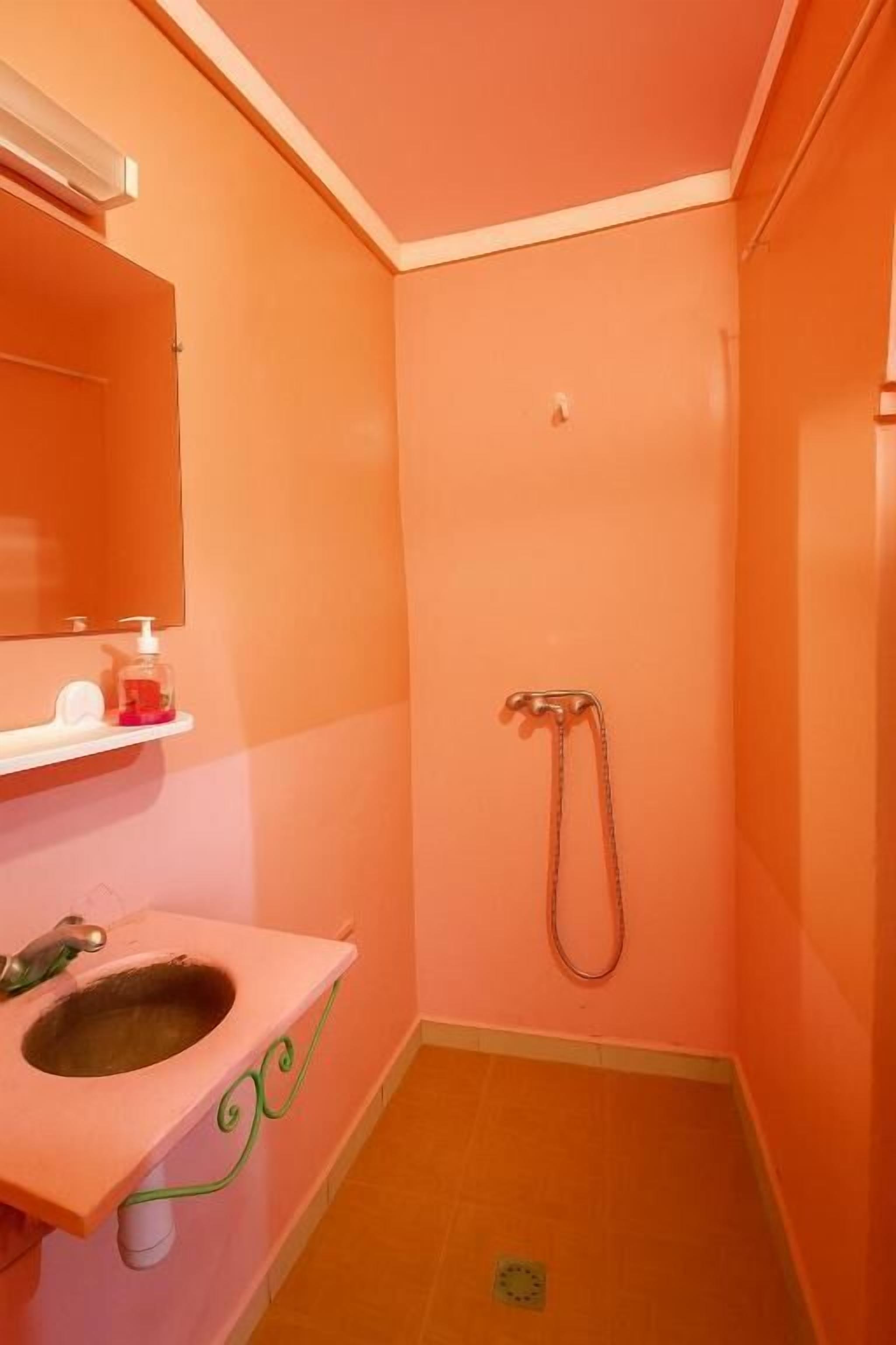 Un baño con un lavamanos rosa, un espejo y una ducha.