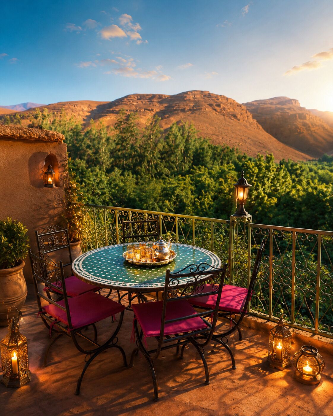 A round table with chairs and a view of mountains.