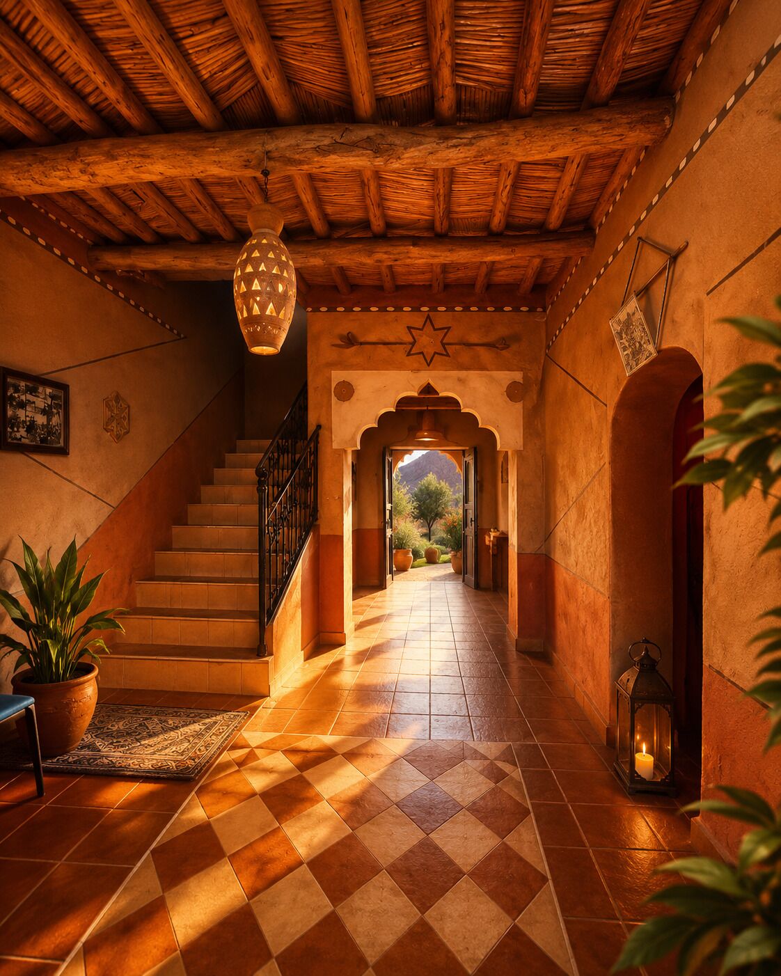 A hallway with a checkered floor, a staircase, and a view of the outdoors.