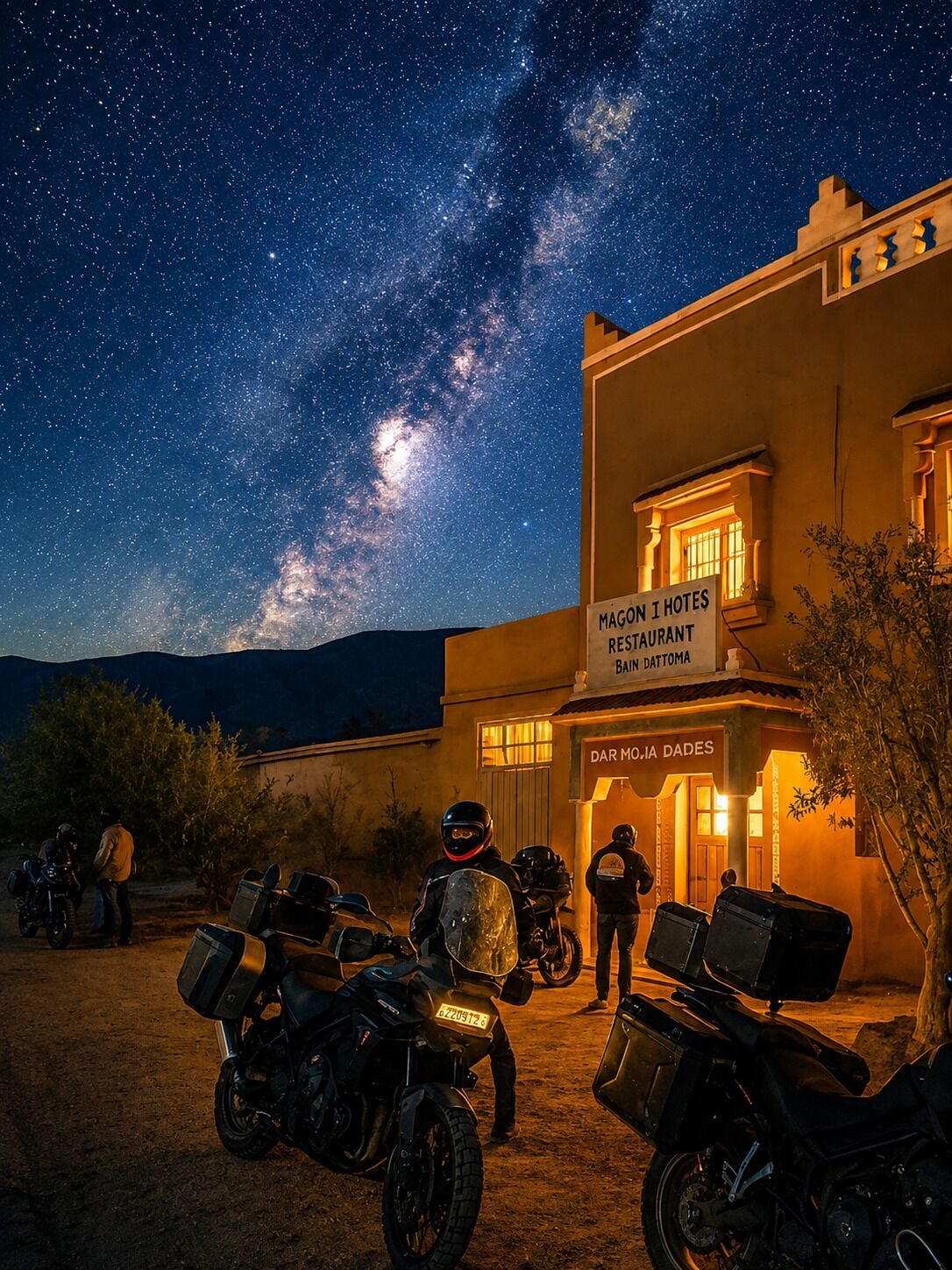 Un bâtiment avec une enseigne indiquant « Magon I Hotels Restaurant Bain Dattoma » et des motos garées devant.