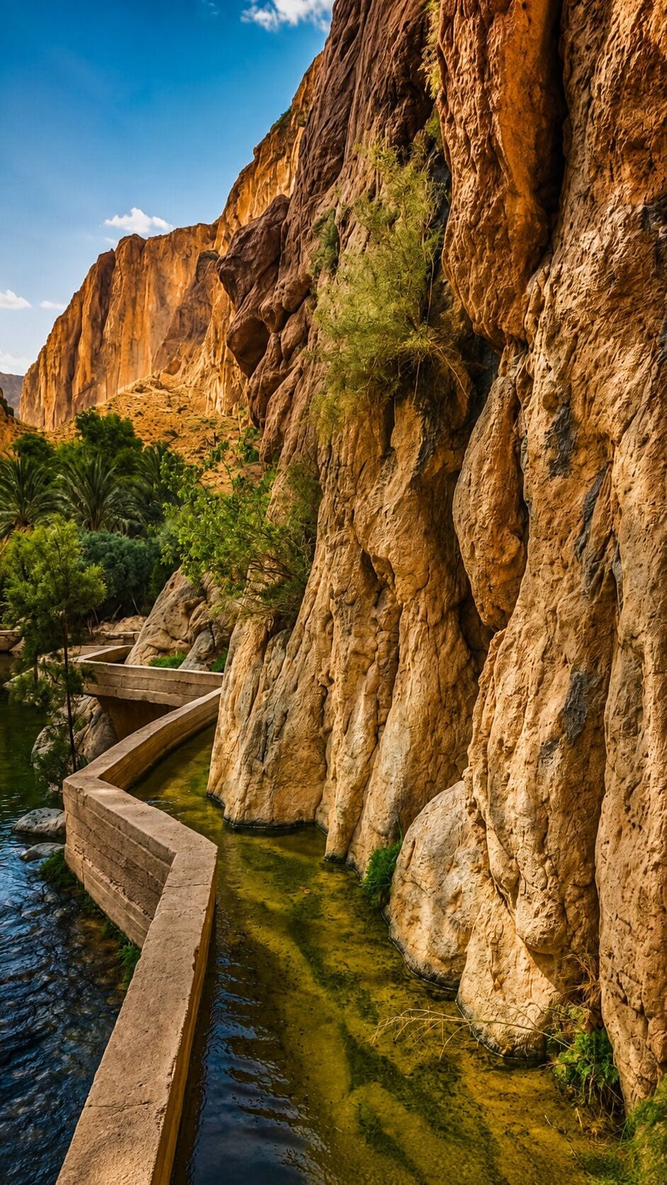 Paisaje rocoso con un canal de agua y vegetación.