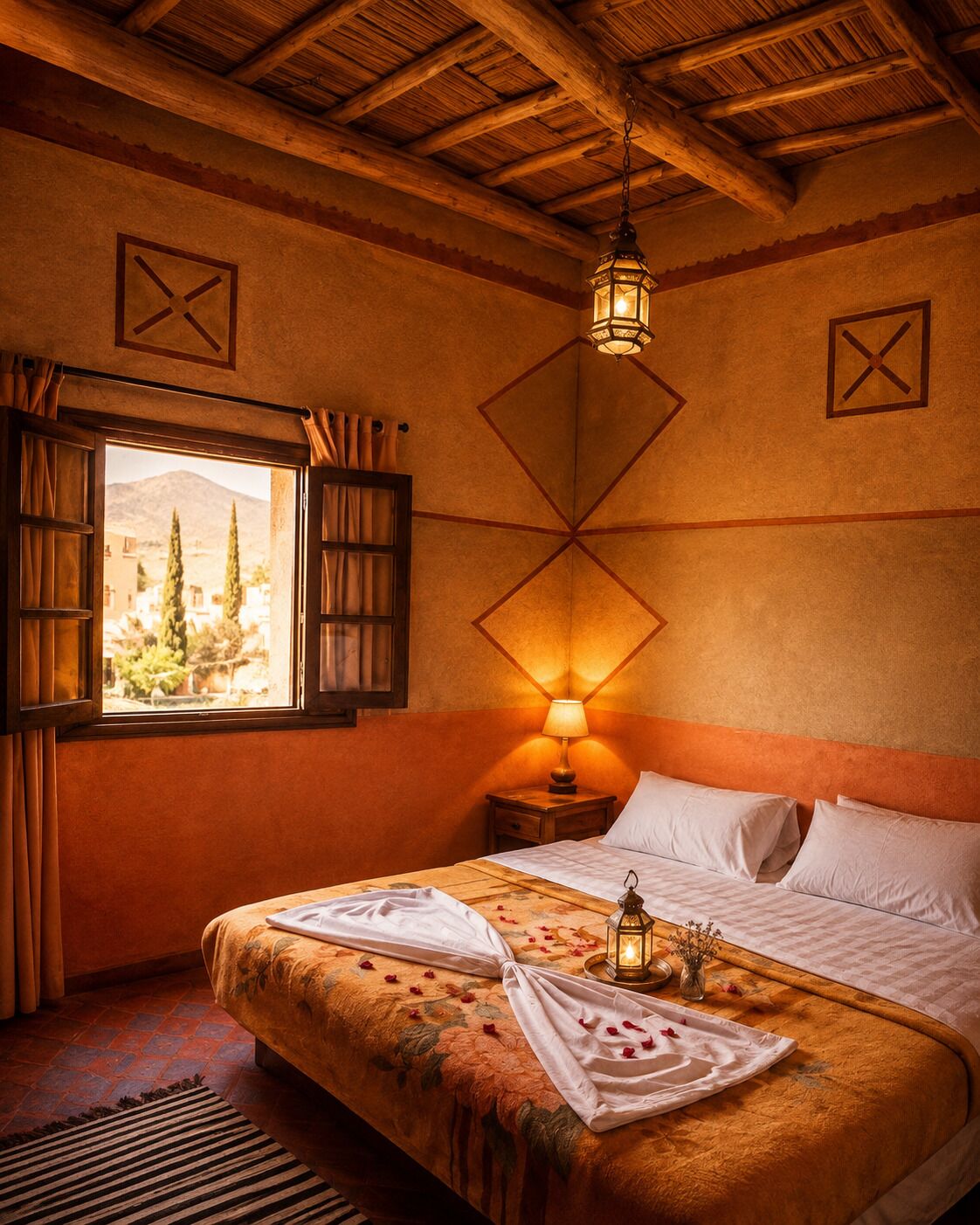 Una habitación acogedora con cama, mesita de noche con lámpara, ventana con cortinas y techo de madera.