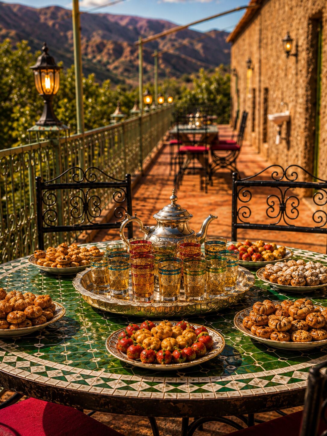 A table set with traditional Moroccan tea, pastries, and fruits, with a view of mountains in the background.