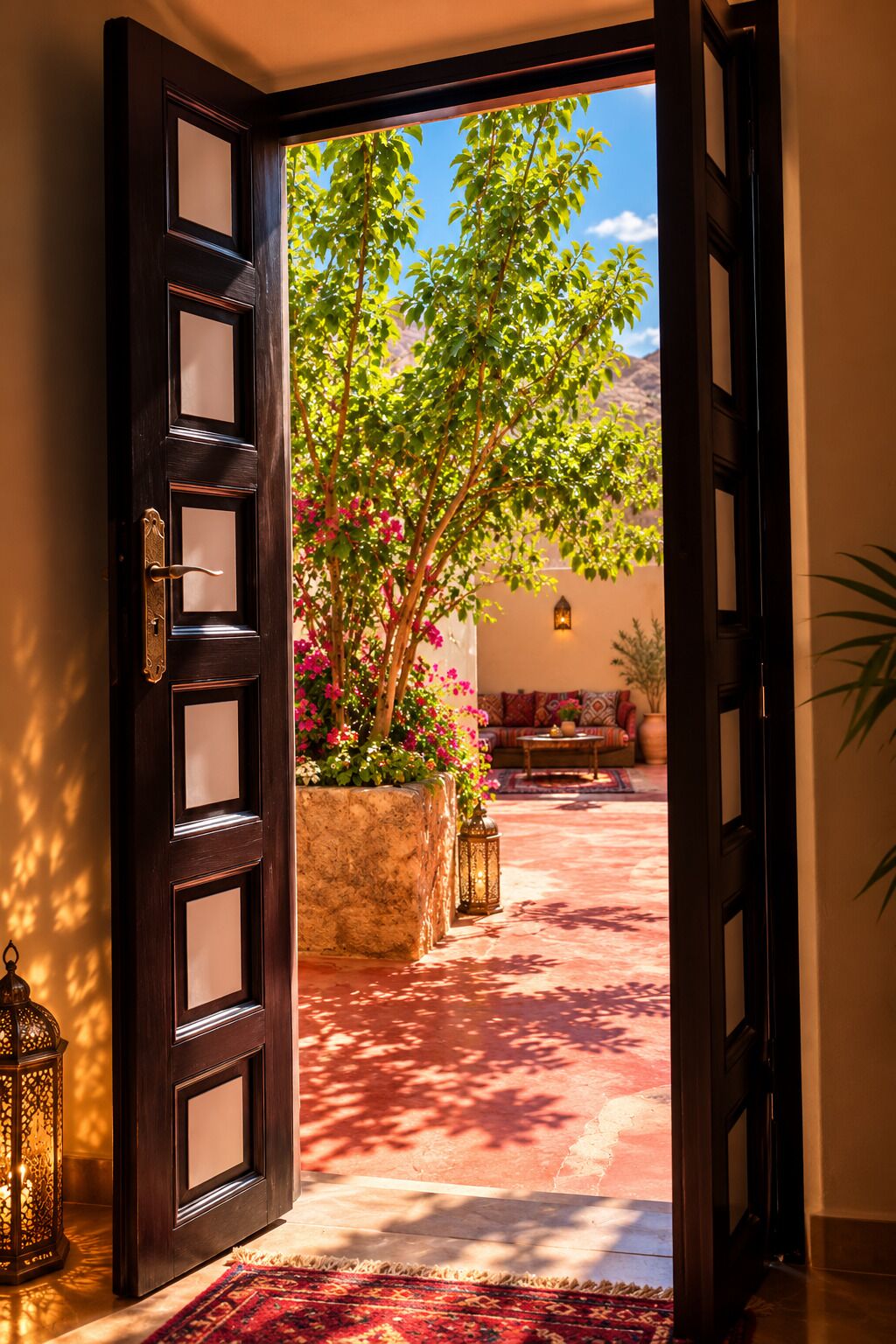 Puerta abierta que da a un patio con una planta en maceta, un sofá y un farol.