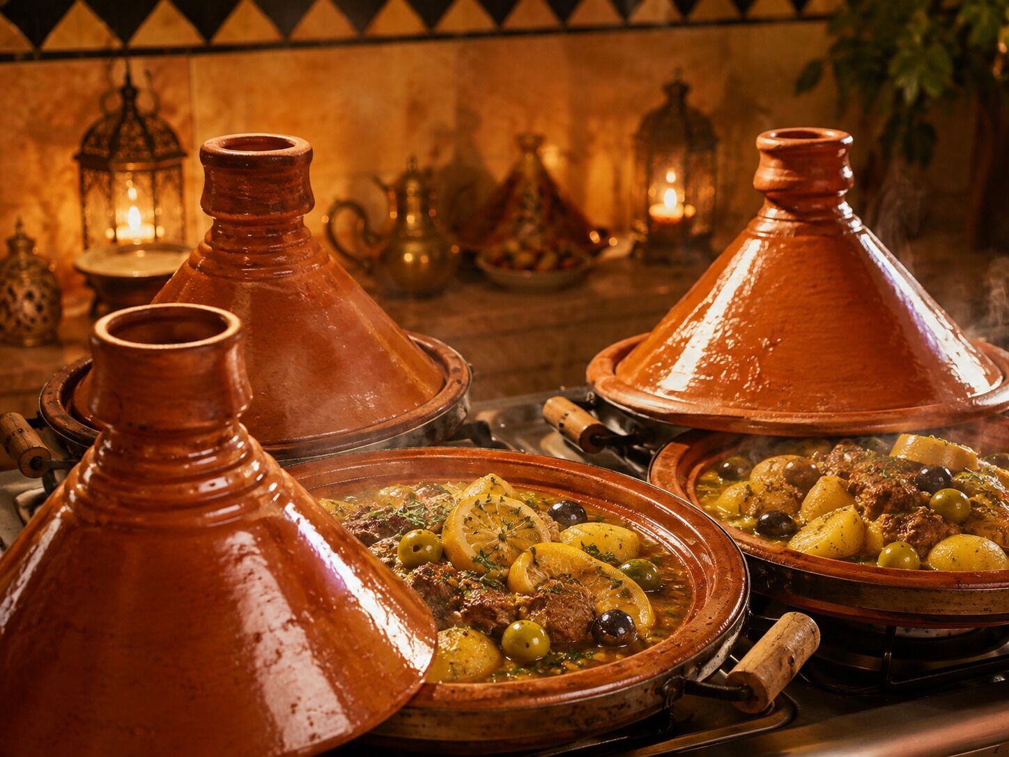 A traditional Moroccan setting with tagines and a warm ambiance.
