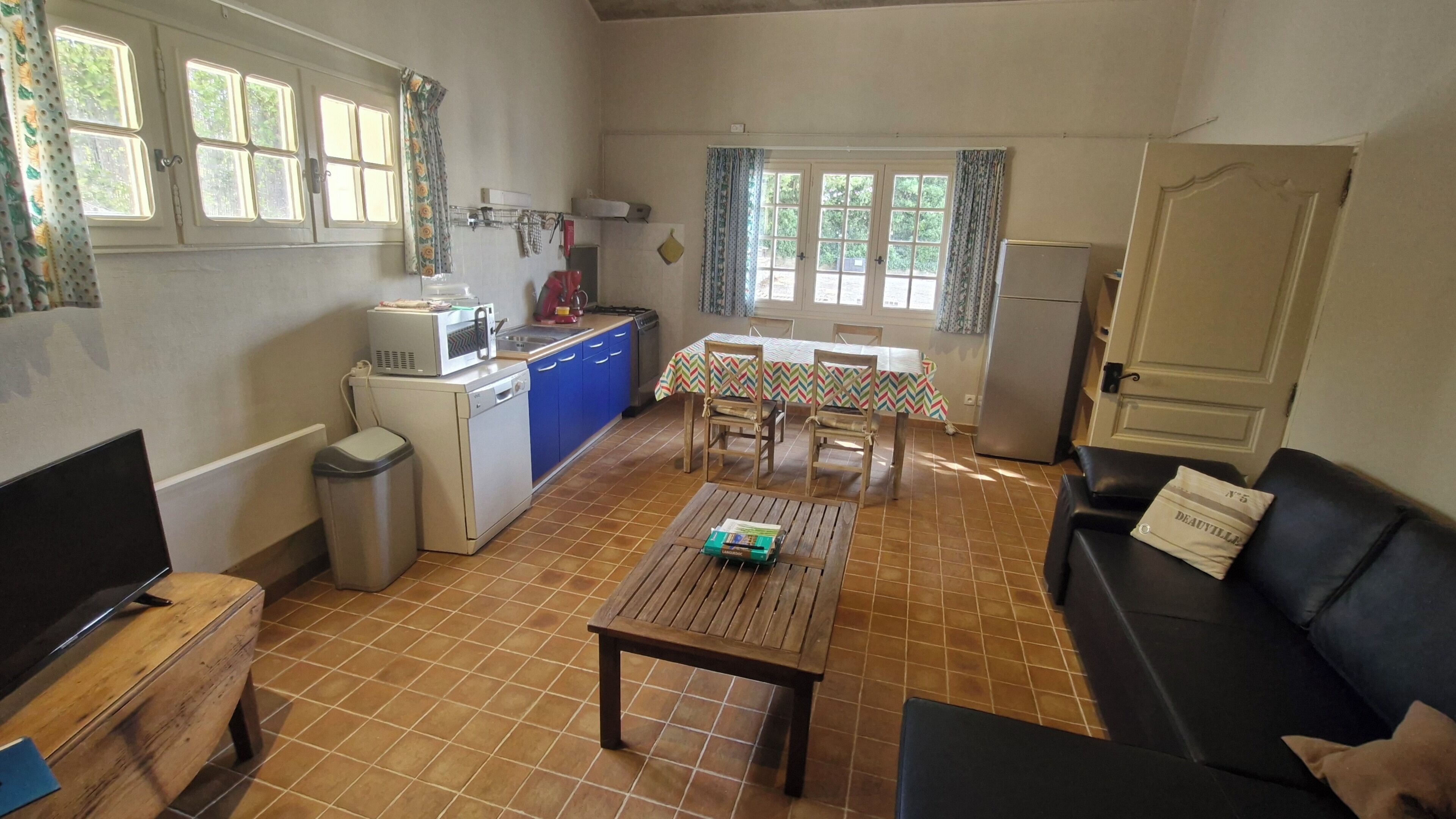 A compact living space with a kitchenette, a dining area, a sofa, and a TV.