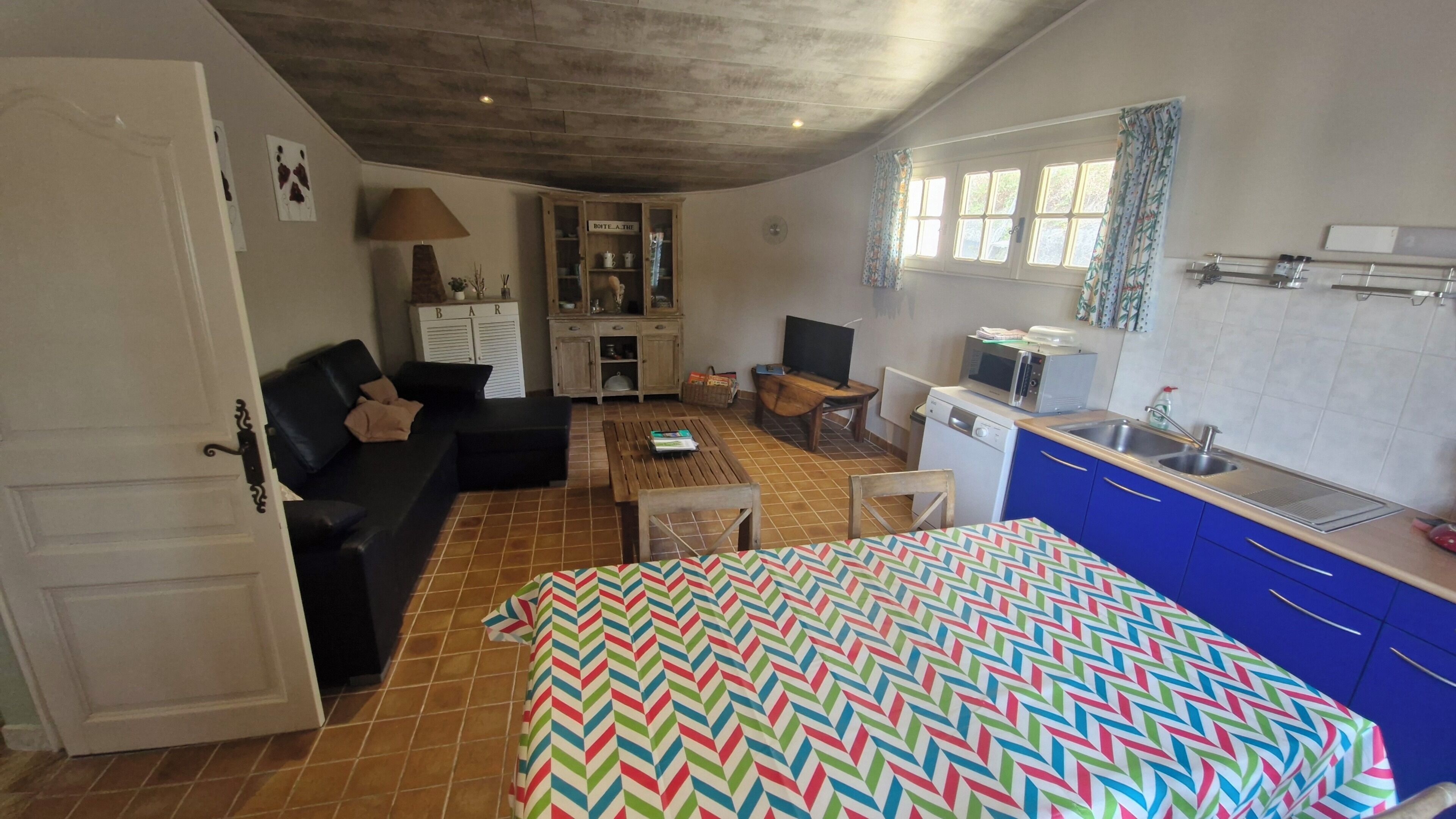 Un espace de vie compact comprenant un canapé, une table à manger, un téléviseur, un coin cuisine avec un évier et un micro-ondes, ainsi qu’une couvre-lit à motifs.