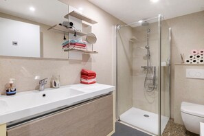 Shower, hair dryer, towels