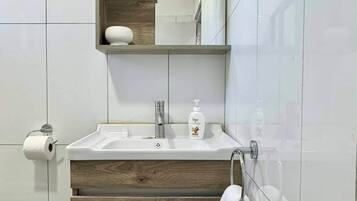Shower, towels, soap, toilet paper