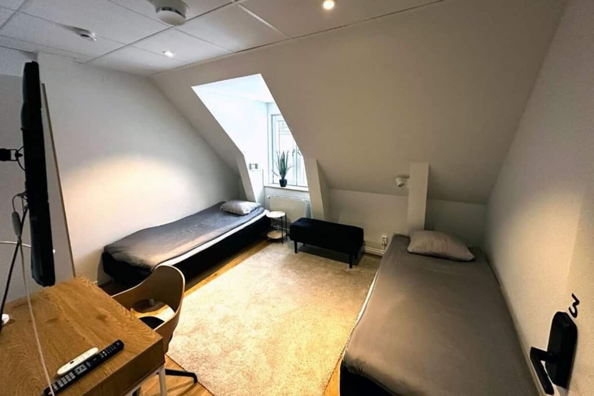 Una habitación pequeña y moderna con cama de altillo, escritorio y silla.