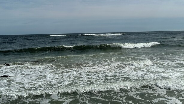 A beach with waves and a clear sky.