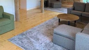 Interieur van een blokhut met houten plafond, een plafondventilator, een grijze bank, een groene fauteuil en een kleine ronde tafel.