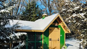 Una pequeña cabaña de madera verde con techo nevado, rodeada de árboles.