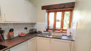 A compact kitchen with white cabinets, a countertop, a sink, a toaster, and a window with plants. - Tullythwaite Barn (Kendal)