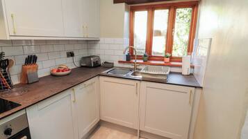 A compact kitchen with white cabinets, a countertop, a sink, a toaster, and a window with plants.