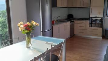 Fridge, microwave, oven, stovetop