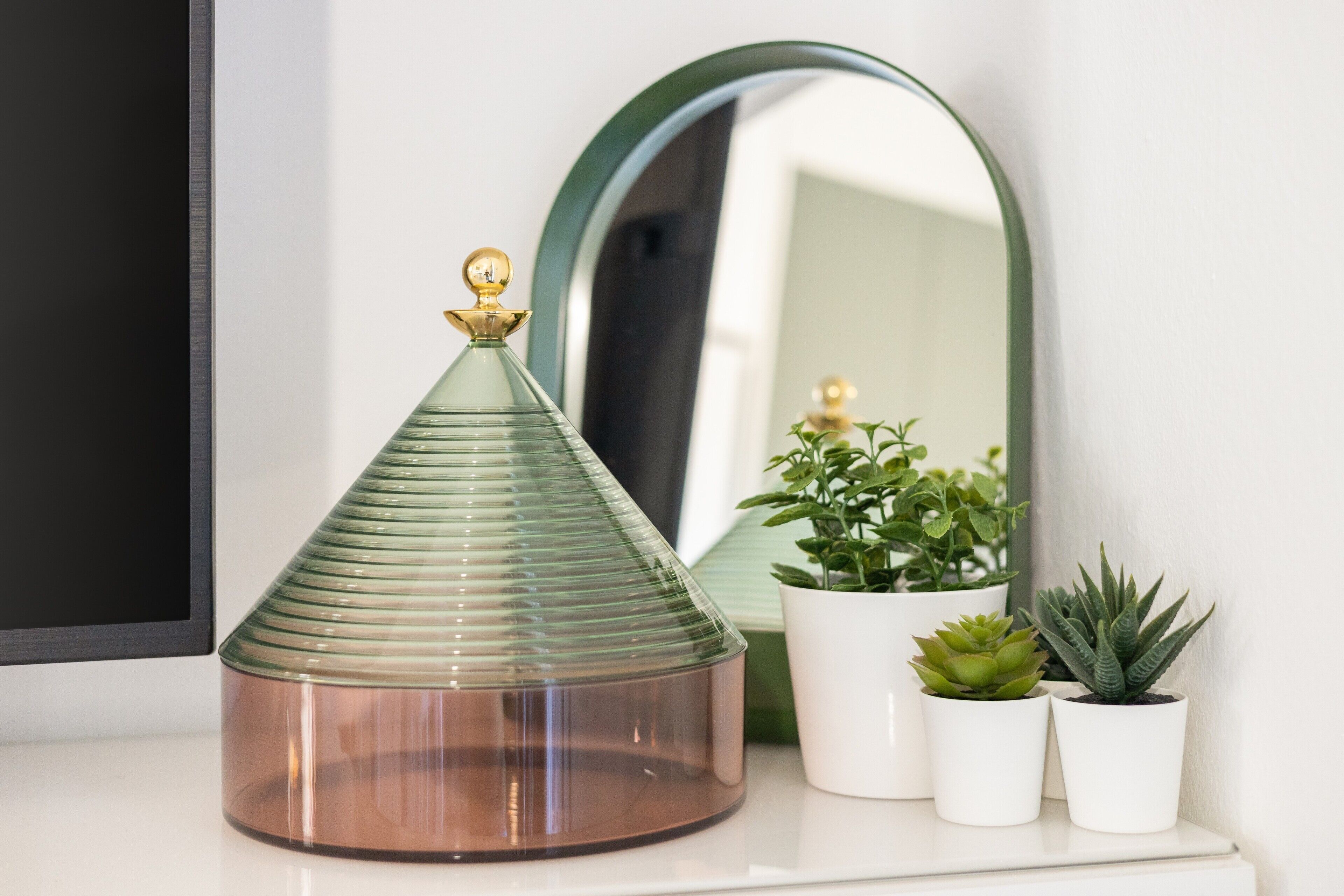 A glass container with a lid, two potted plants, and a mirror on a white surface.