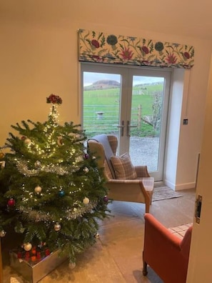 A room with a Christmas tree, a chair, and a view through a glass door.