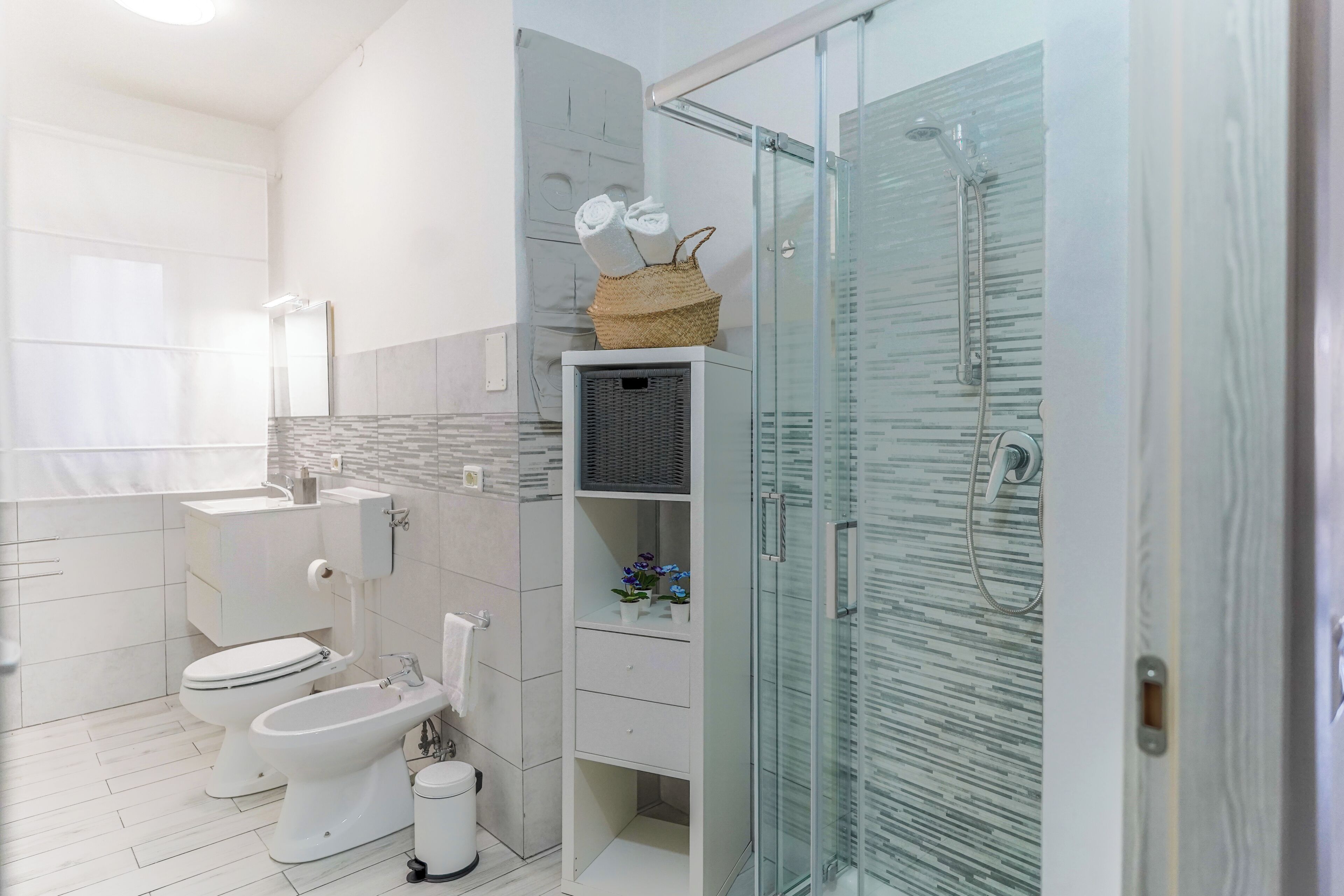 Secadora de cabello, bidet, toallas, jabón 
