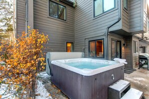 A hot tub in front of a house with a wooden exterior. - KBM Resorts | Hidden Creek | Bright and Airy, Near Canyons Cabriolet, Gas Fireplace, Private Hot Tub, Comm Summer Pool HCT-26c (Park City)