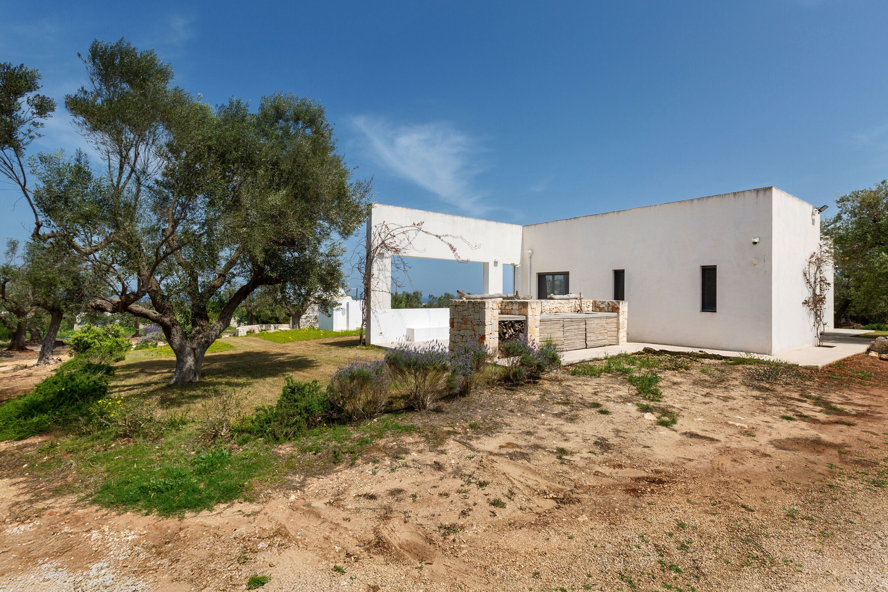 Una casa moderna con fachada de piedra, un árbol grande y un cielo azul despejado.