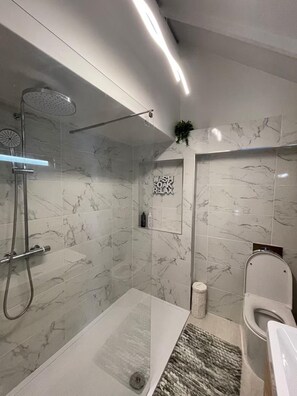 Combined shower/bathtub, deep-soaking bathtub, hair dryer, towels