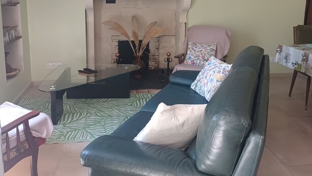 A living room with a green leather sofa, a fireplace, a clock, and a television mounted on the wall. - "At grandpa's" (Limalonges)