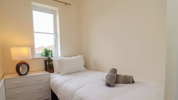 A bedroom with a bed, a bedside table with a lamp, a window, and a plant. - 31 Llys Ogwen (Prestatyn)