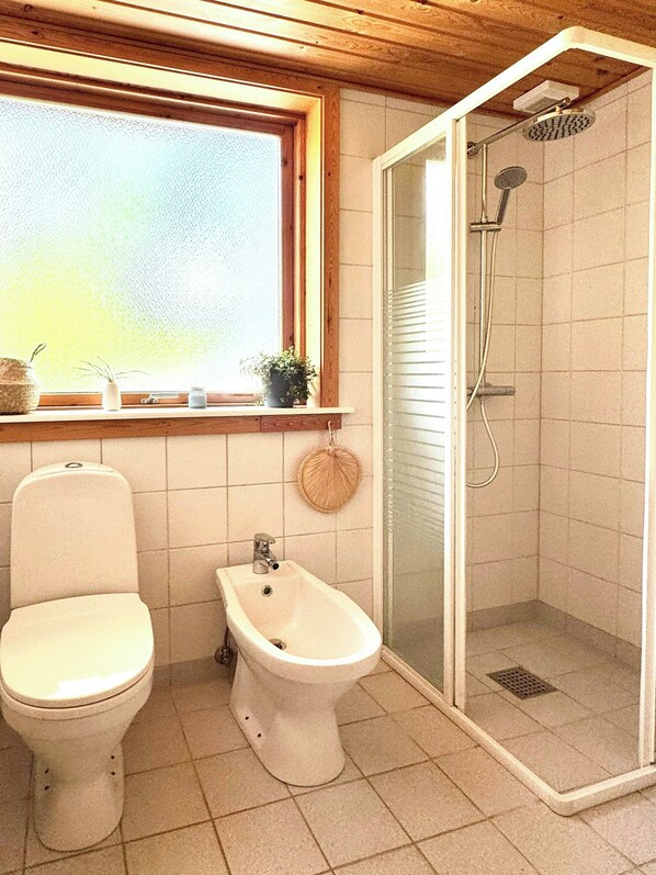 Ein Badezimmer mit Toilette, Bidet und Duschkabine.