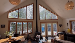 Smart TV, fireplace, books