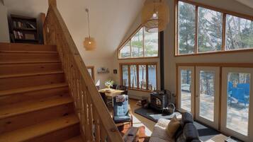 Smart TV, fireplace, books