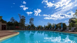 Ein klares, blaues Schwimmbecken mit Liegestühlen und Sonnenschirmen, umgeben von Bäumen und blauem Himmel.