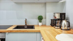 Eine moderne Küche mit Spüle, einer Topfpflanze und einer Kaffeemaschine.