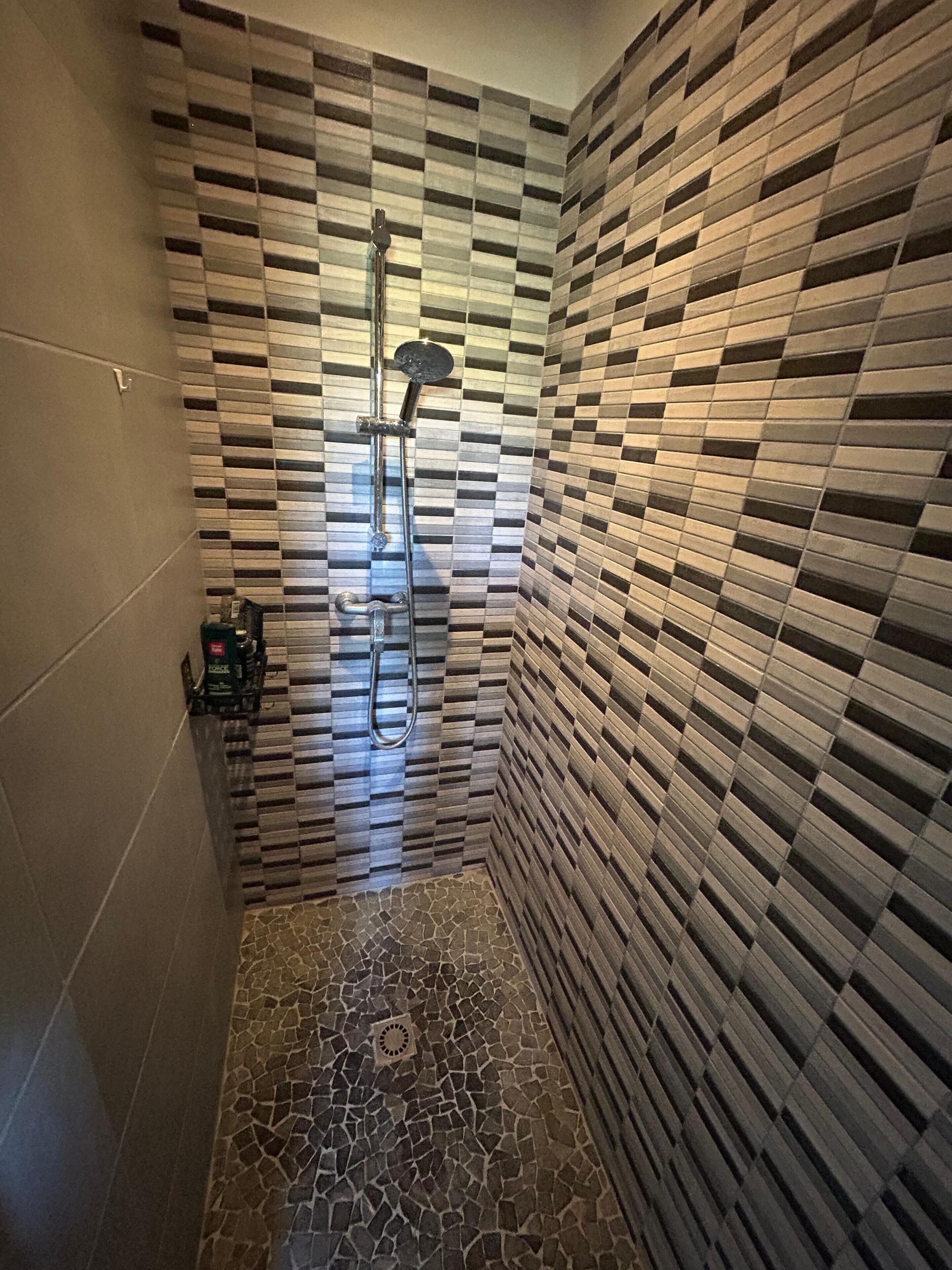 A shower with a rain showerhead, a handheld showerhead, and a handheld scrubber.