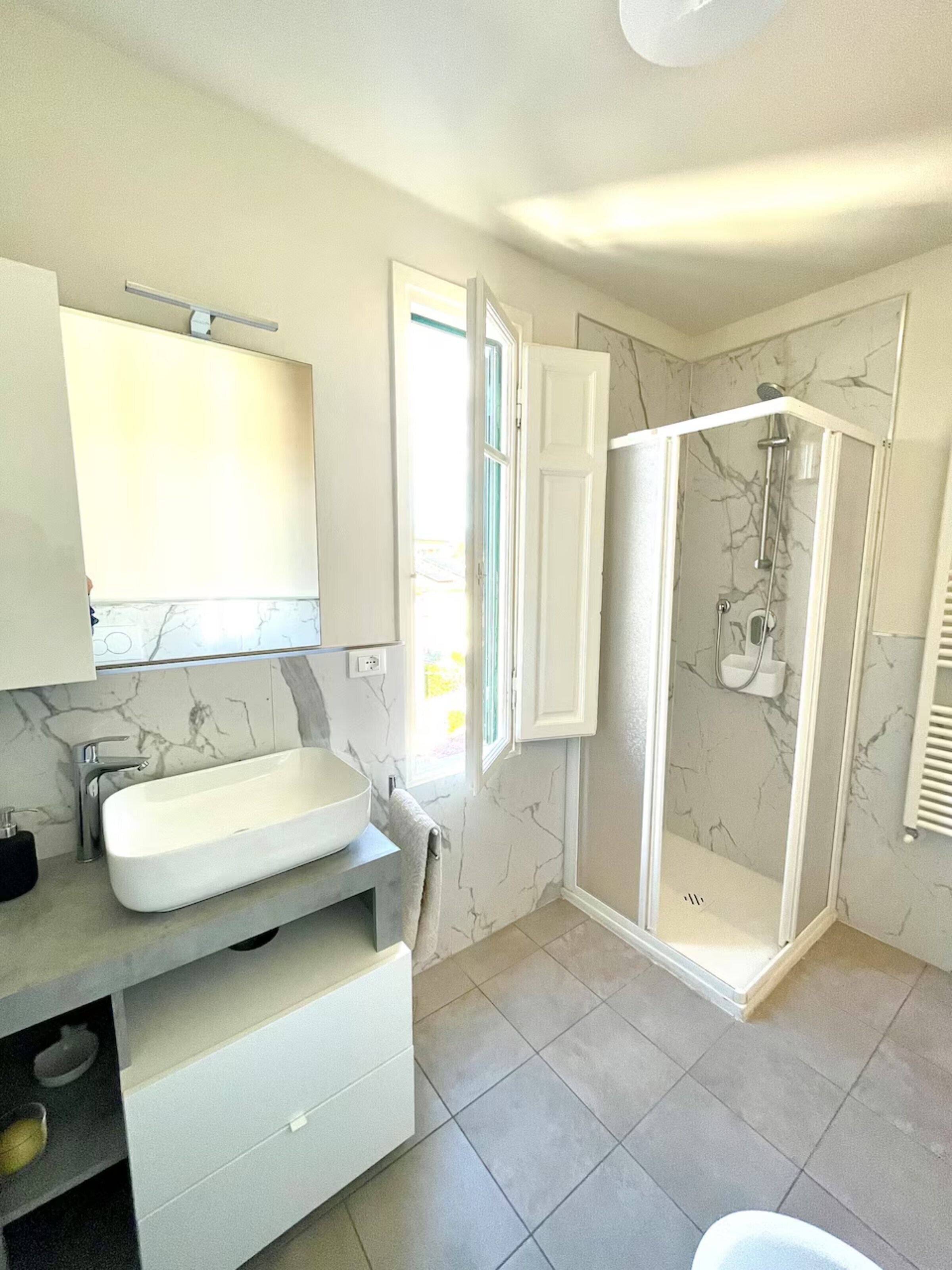 Shower, hair dryer, towels