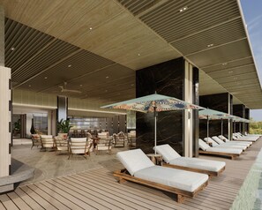Outdoor pool, pool umbrellas, sun loungers