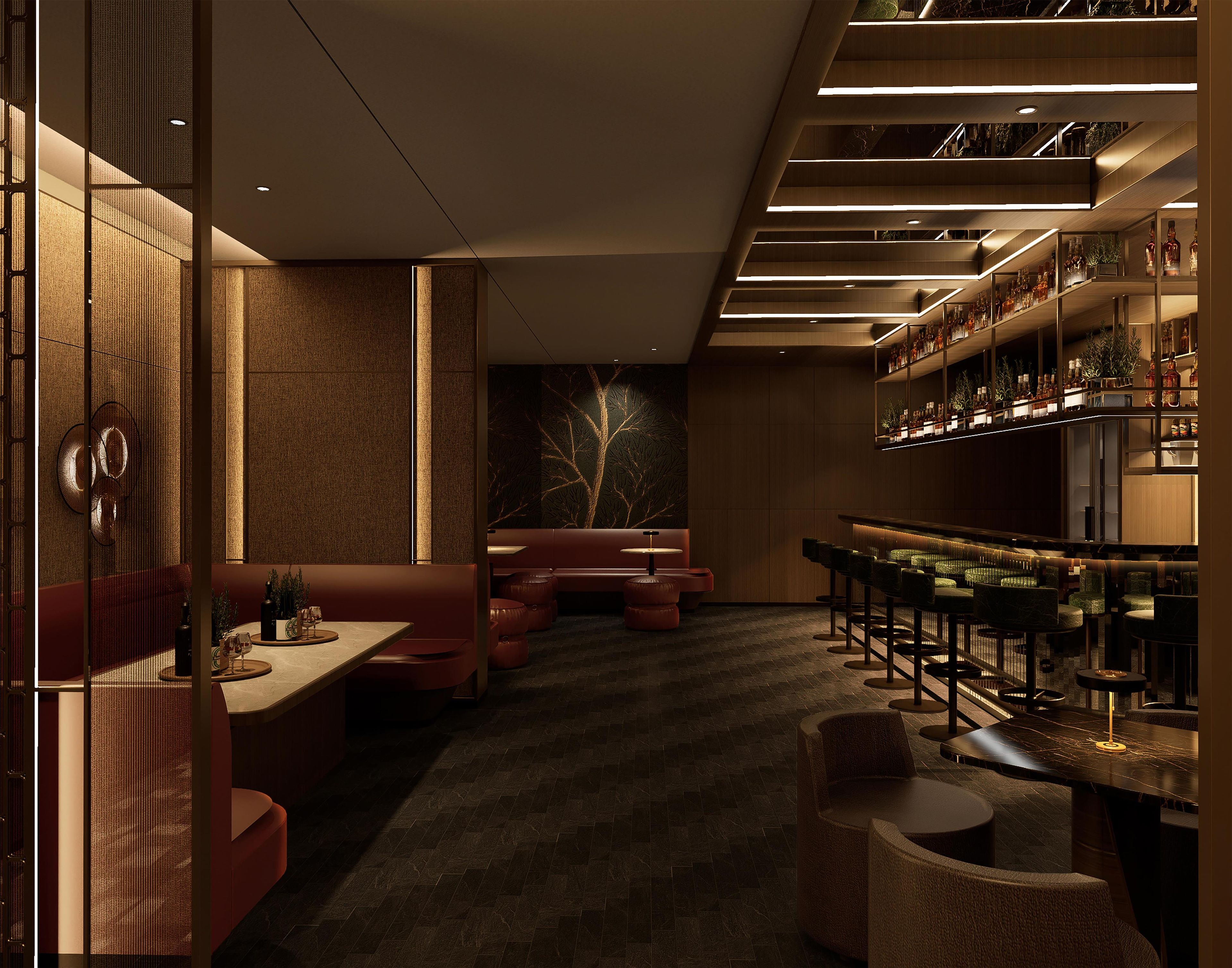 Um interior moderno com área de bar, assentos e um mural decorativo com uma árvore.