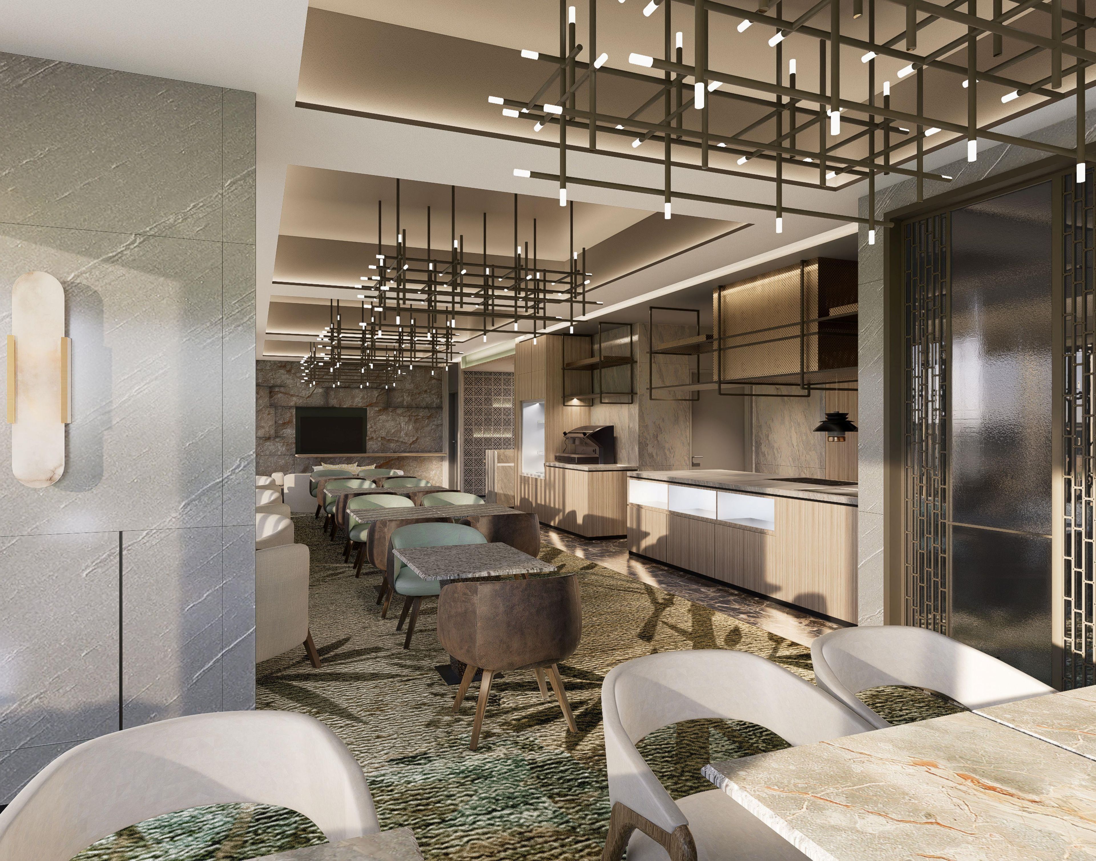 Un interior moderno con comedor, cocina y zona de estar.
