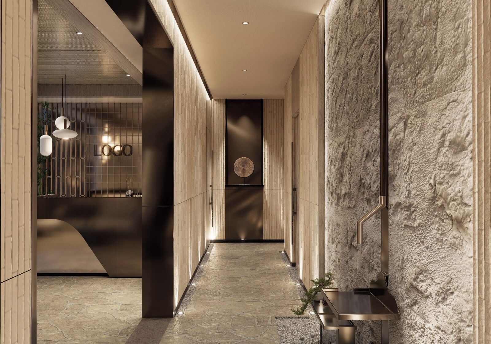 Un interior moderno con un largo pasillo, una zona de recepción y una pared con textura.