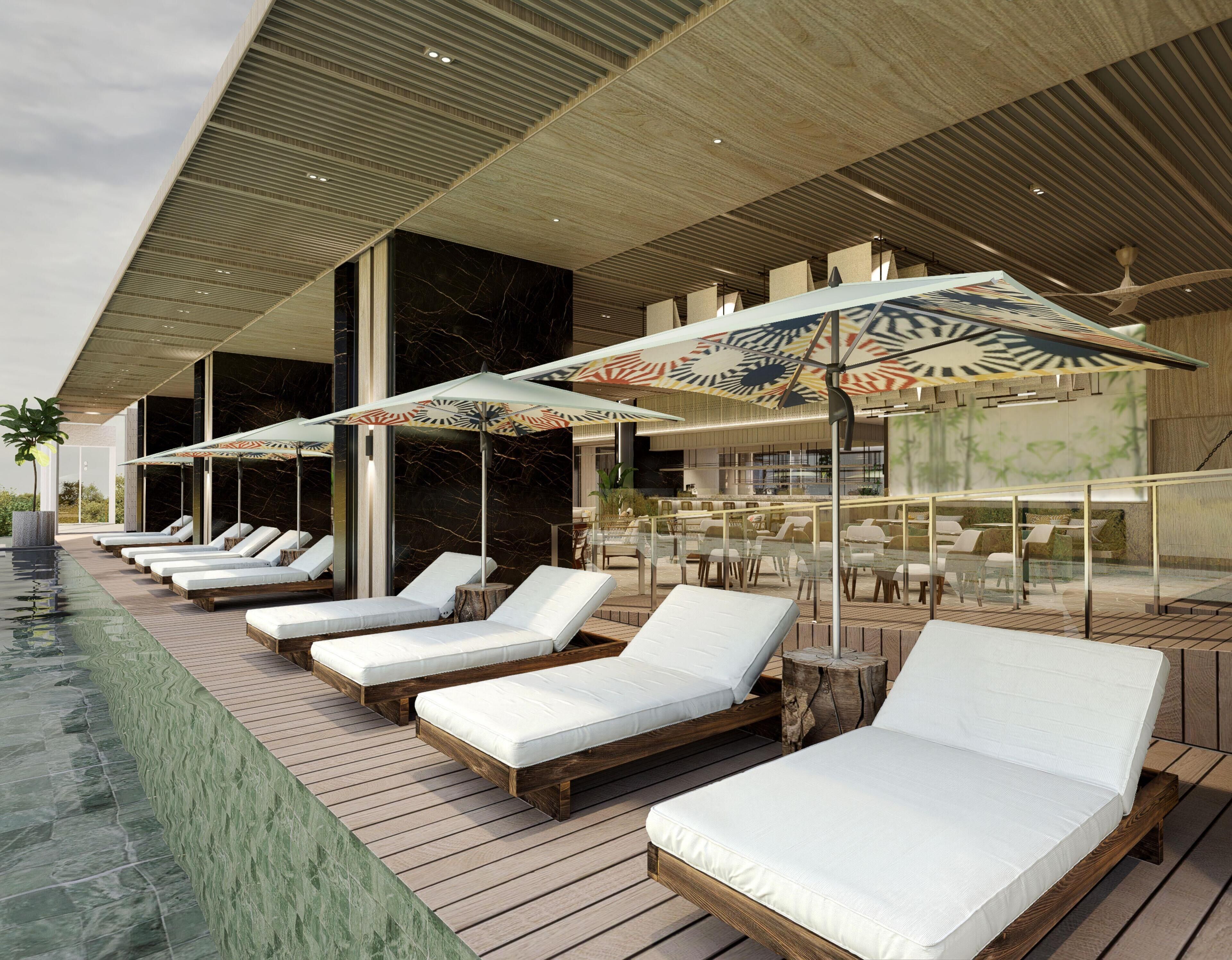Outdoor pool, pool umbrellas, pool loungers